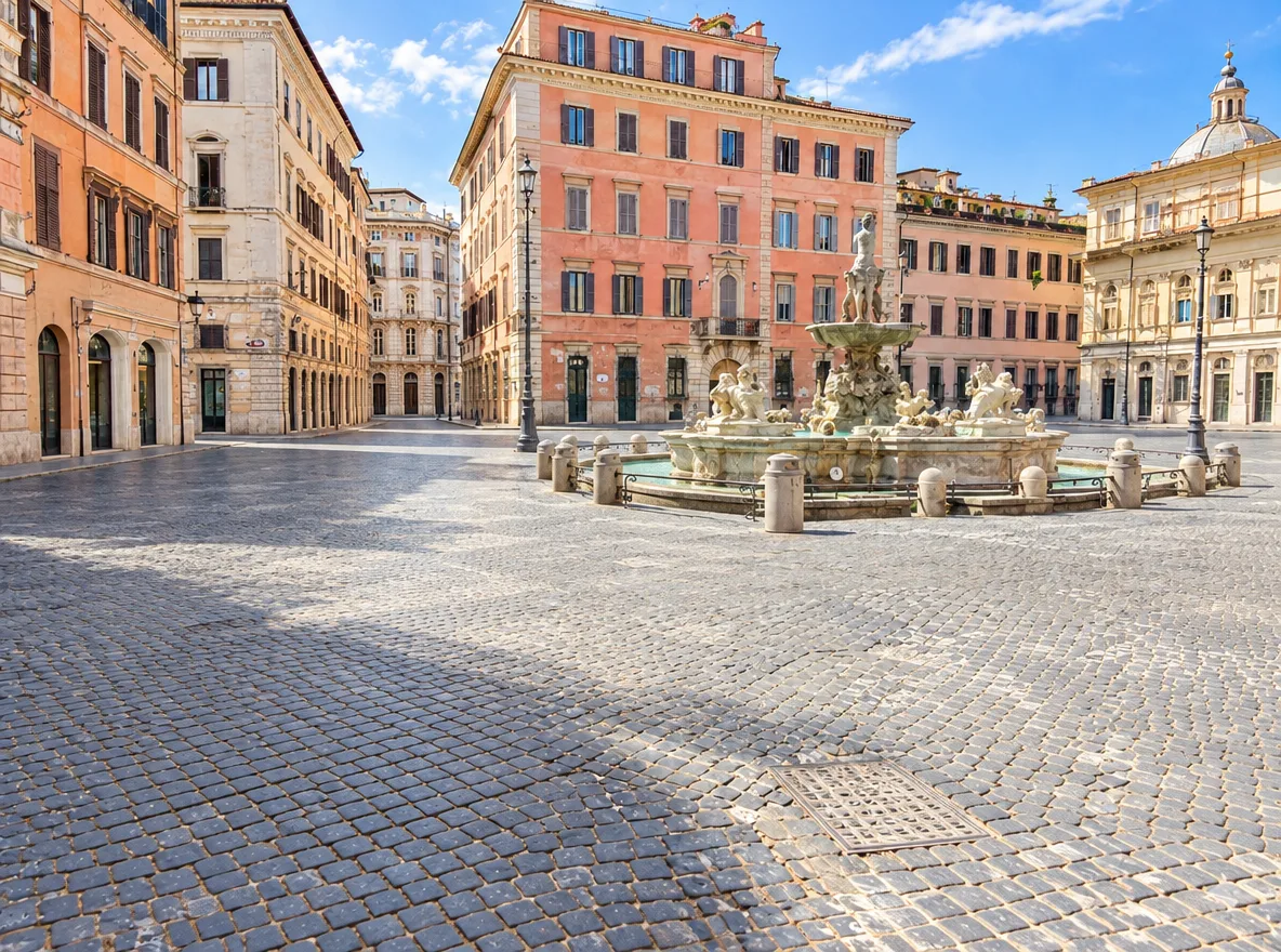 A city square before and after AI removed the tourists, bin and scooters