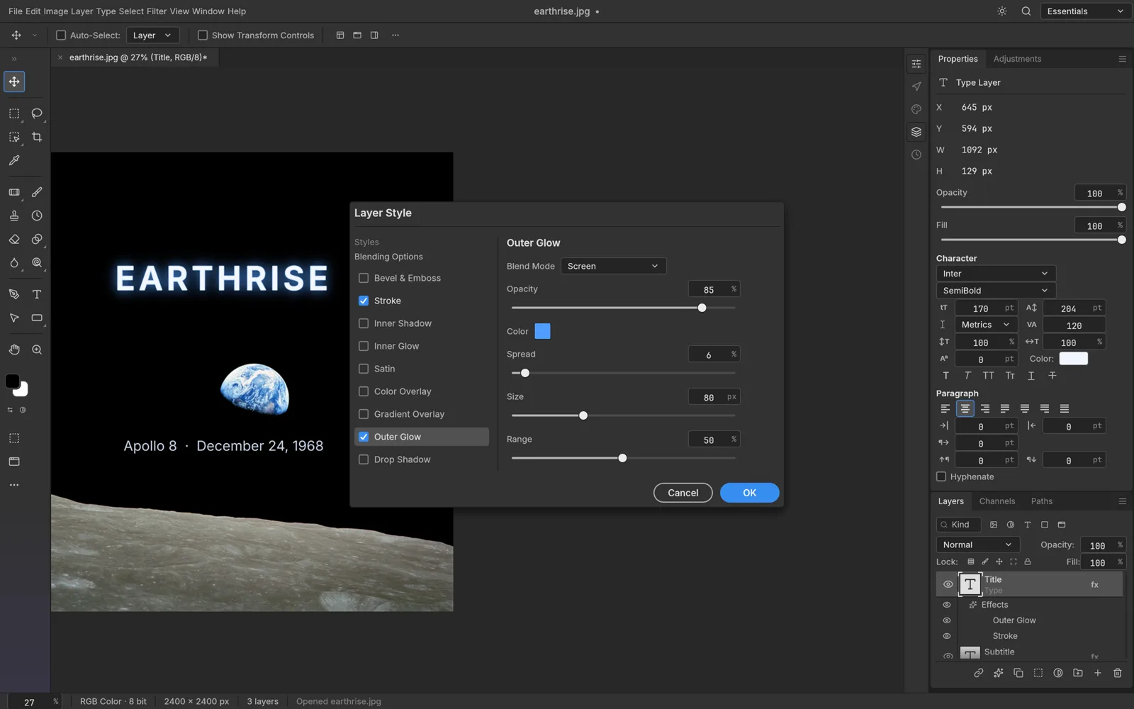 Editing an outer glow and stroke layer style on a type layer in the online PSD editor
