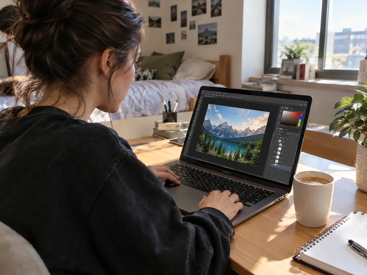 A student editing a landscape photo in a browser photo editor on a laptop